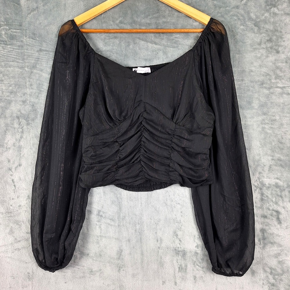 Womens Top Large‎ Black Crop Whimsigoth Coquette Babydoll Metallic Ruched Fairy